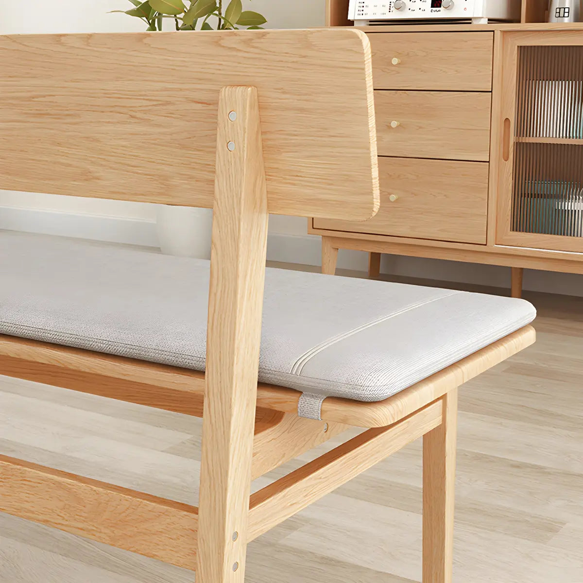 Natural Finish Cushioned Dining Bench with Back and Leg