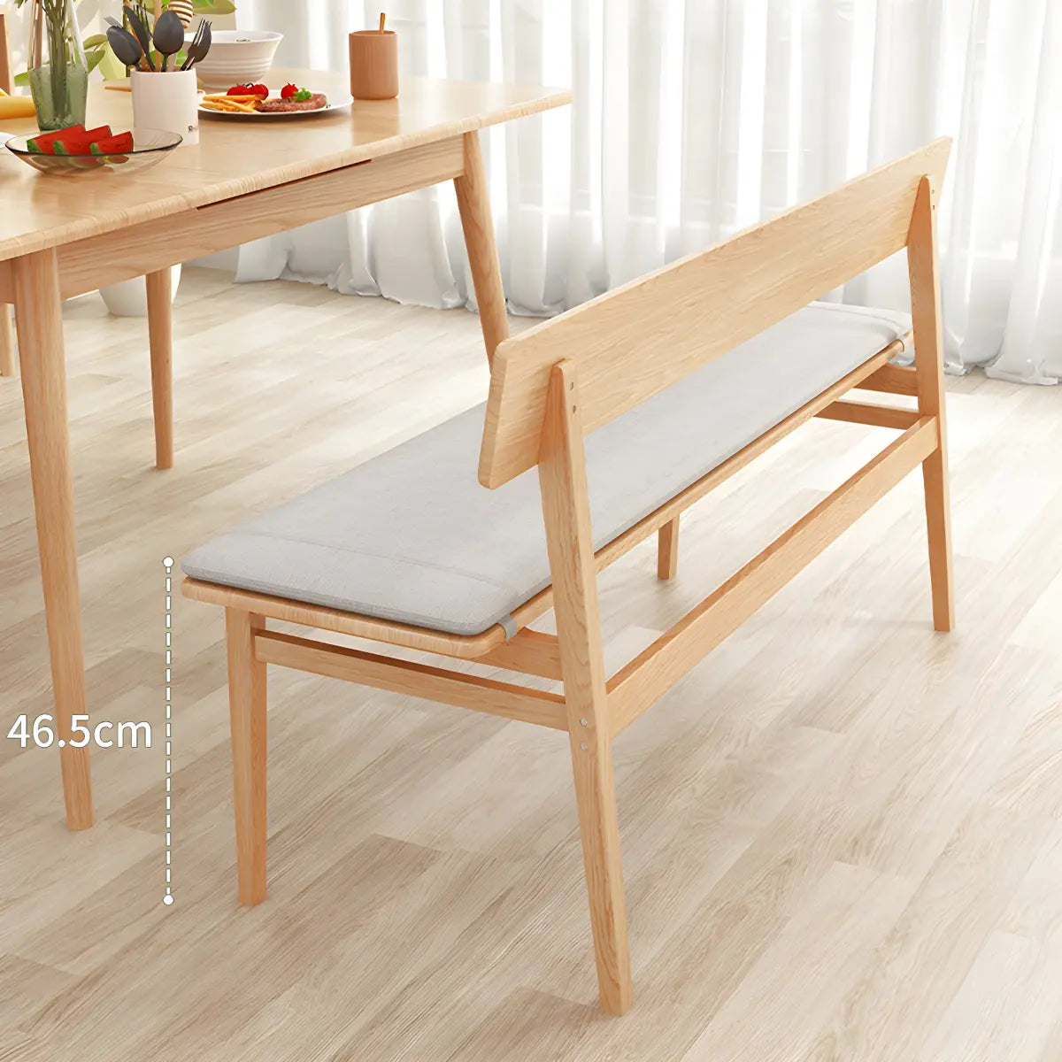 Natural Finish Cushioned Dining Bench with Back and Leg