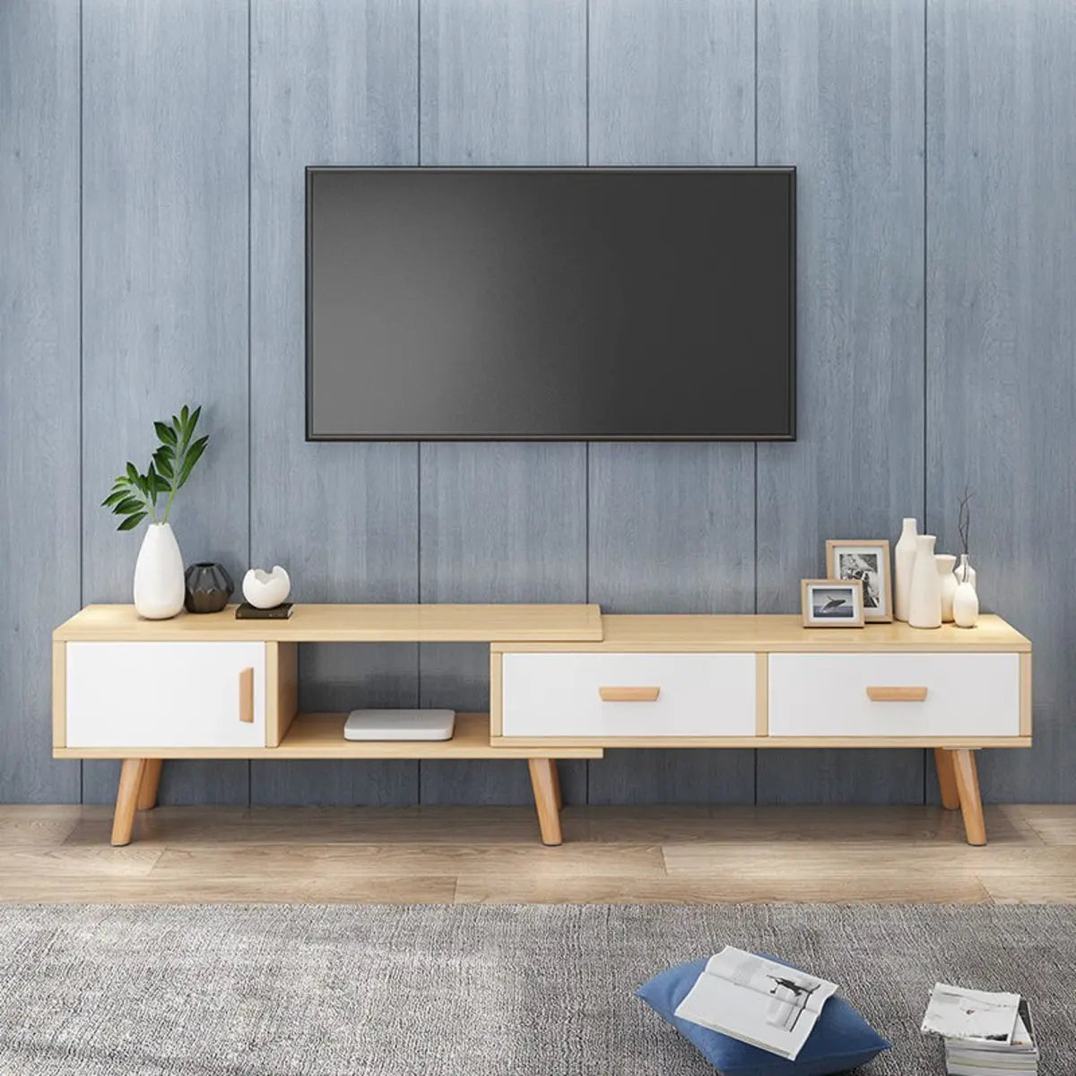 Natural Finish Wood Rectangle Two Drawers TV Stand