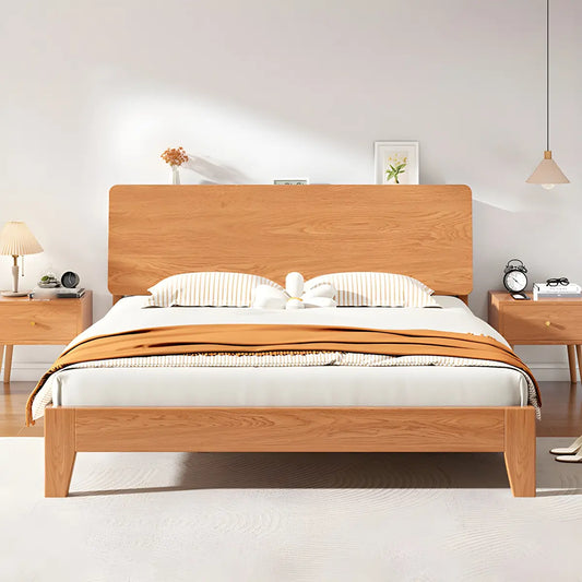 Natural Oak Queen Panel Shelves Bed with Headboard