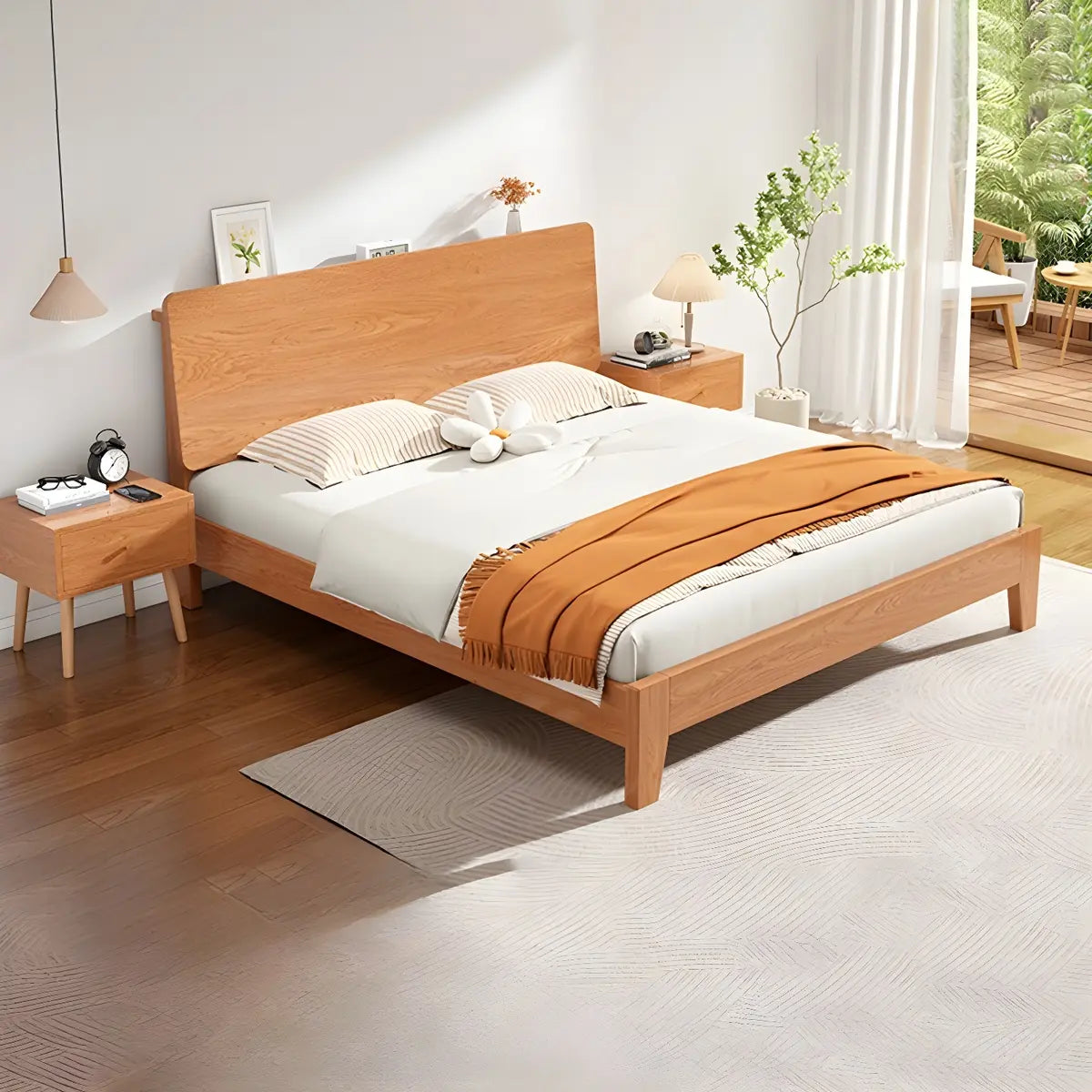 Natural Oak Queen Panel Shelves Bed with Headboard