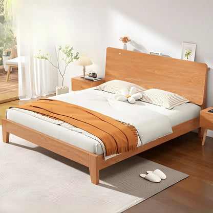 Natural Oak Queen Panel Shelves Bed with Headboard