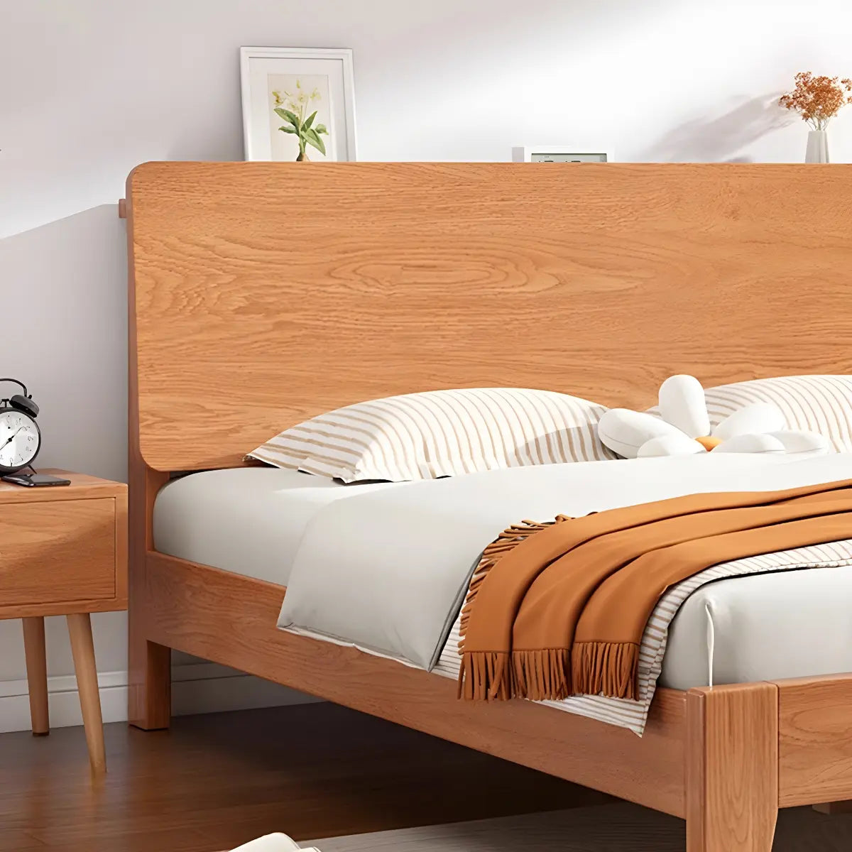 Natural Oak Queen Panel Shelves Bed with Headboard