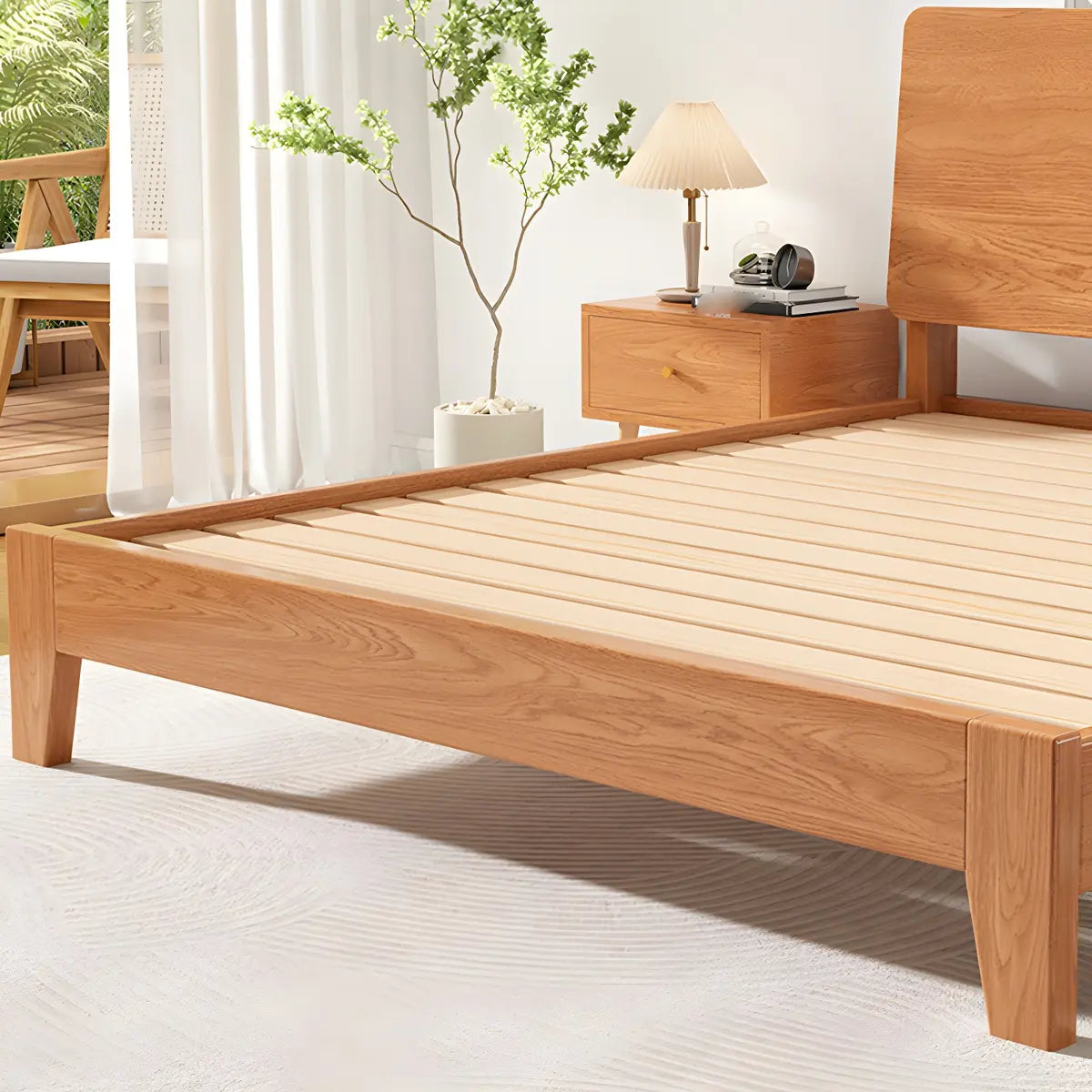 Natural Oak Queen Panel Shelves Bed with Headboard