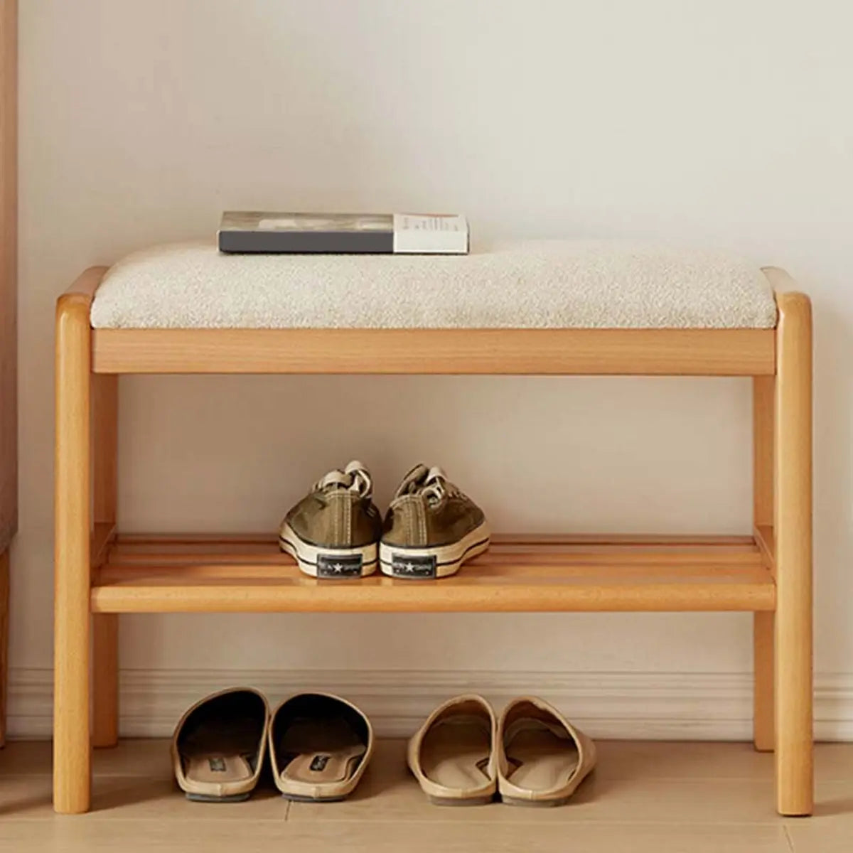 Natural Upholstered Entryway Bench with Shoe Shelf