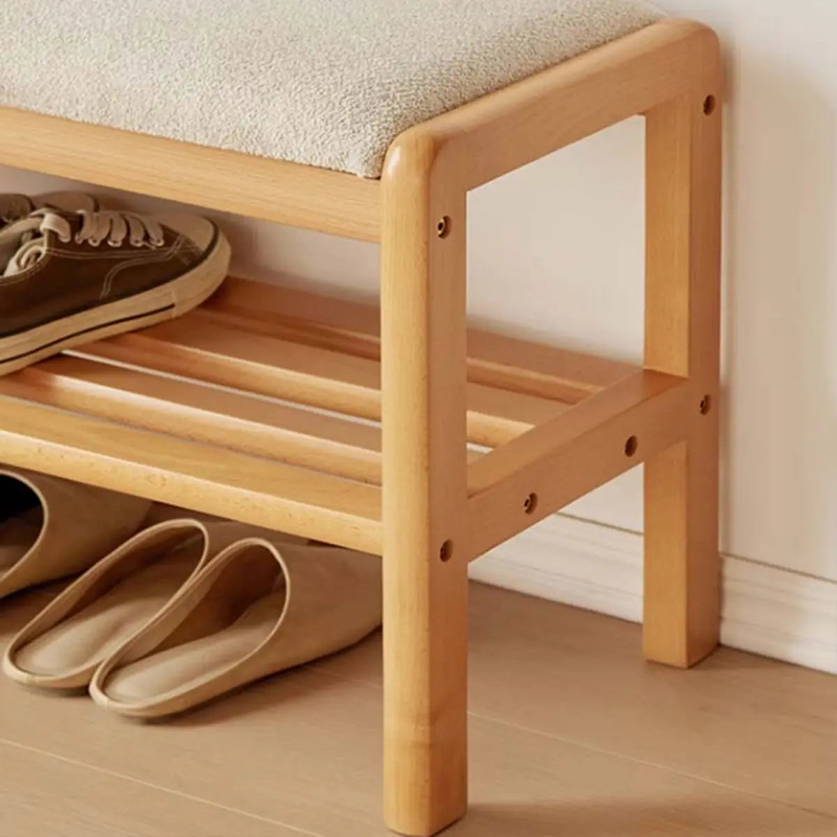 Natural Upholstered Entryway Bench with Shoe Shelf