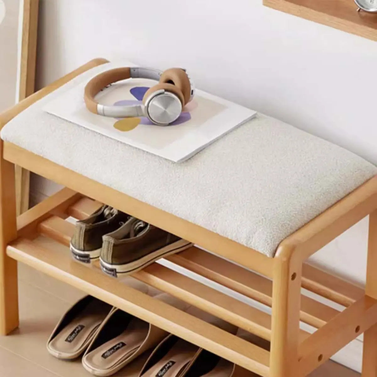 Natural Upholstered Entryway Bench with Shoe Shelf