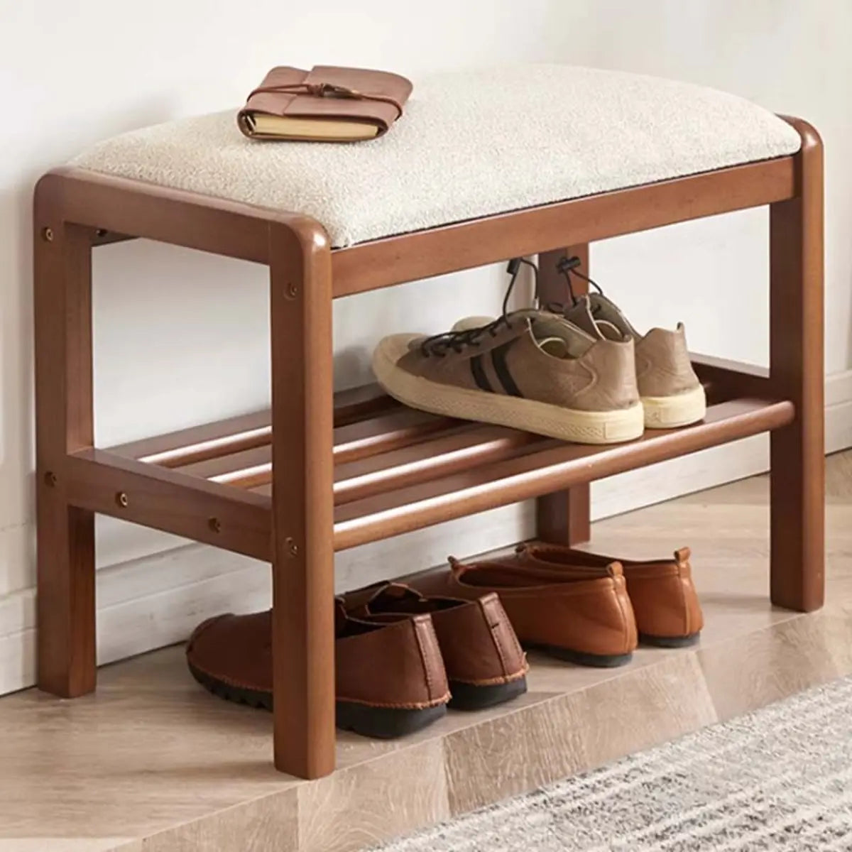 Natural Upholstered Entryway Bench with Shoe Shelf