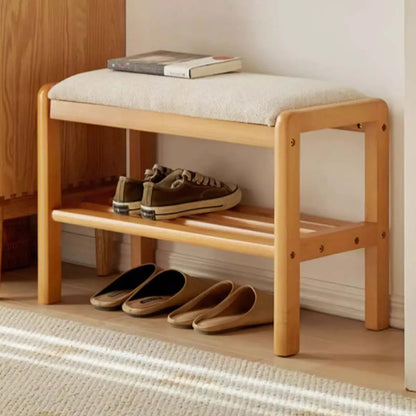 Natural Upholstered Entryway Bench with Shoe Shelf