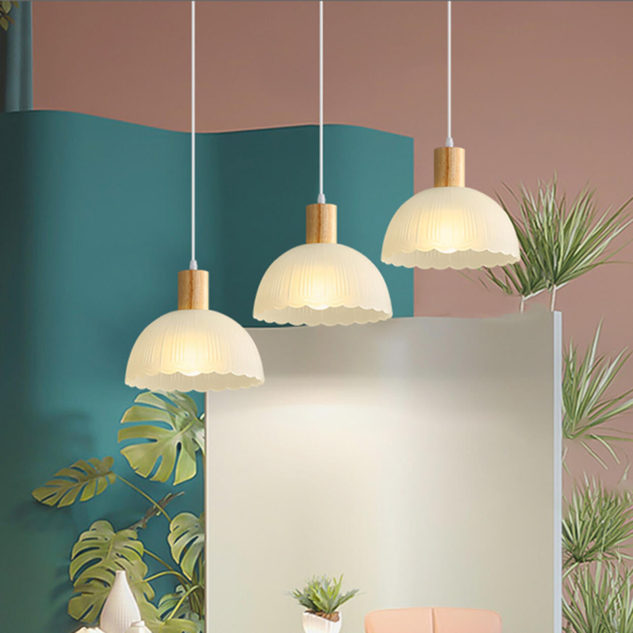 Nordic 3-Light Scalloped Dome Island Pendant Light