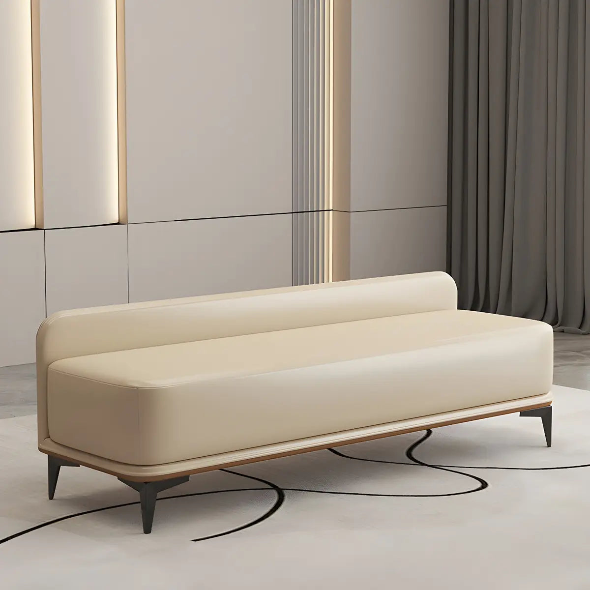 Off-White Faux Leather Cushioned Bedroom Bench with Leg