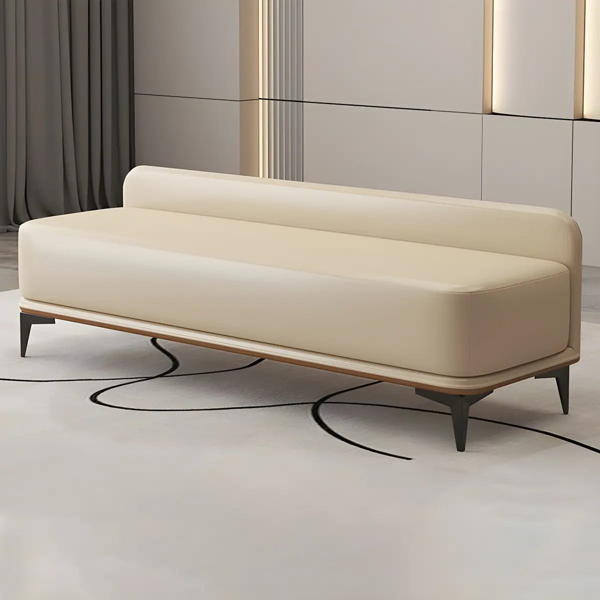 Off-White Faux Leather Cushioned Bedroom Bench with Leg