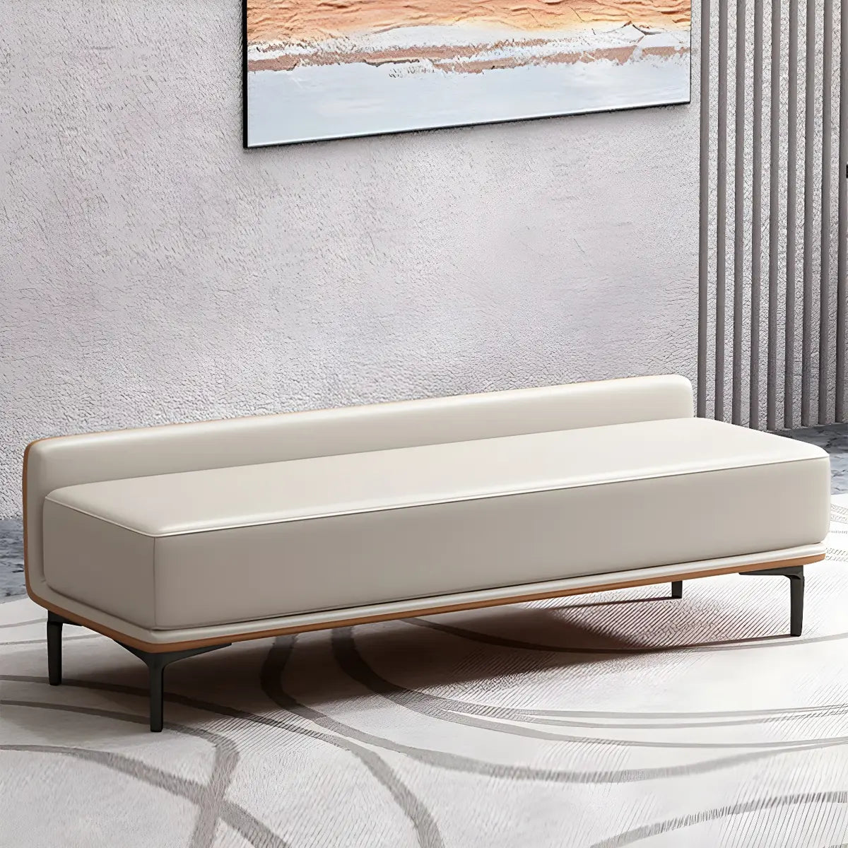 Off-White Faux Leather Cushioned Bedroom Bench with Leg