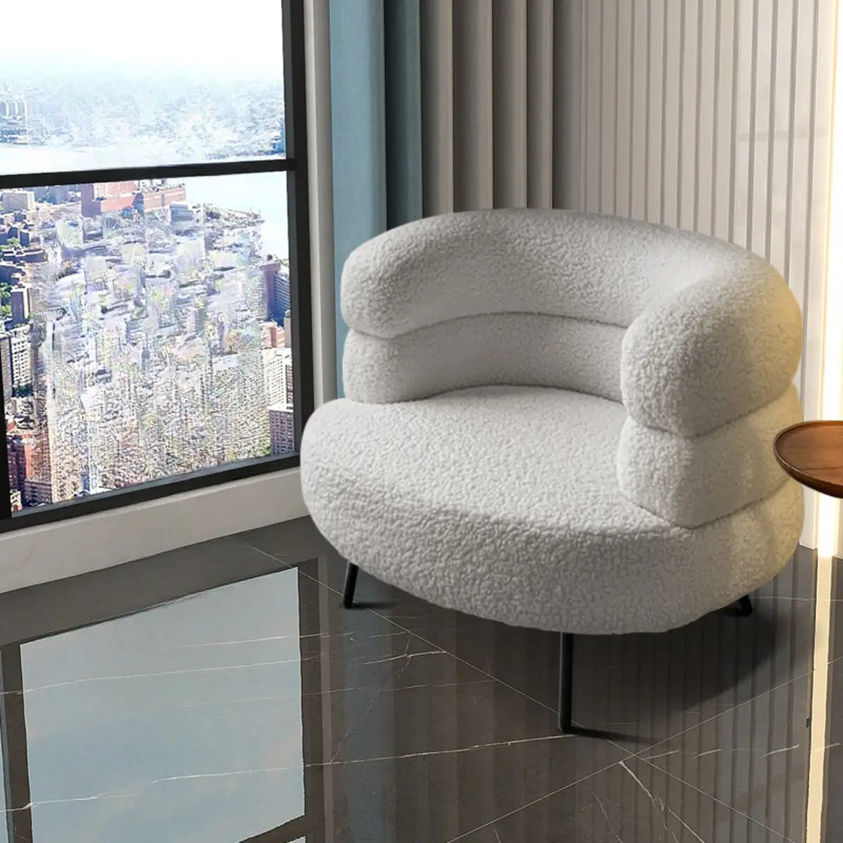 Off-White Sherpa Fabric Fixed Back Curved Arm Chair