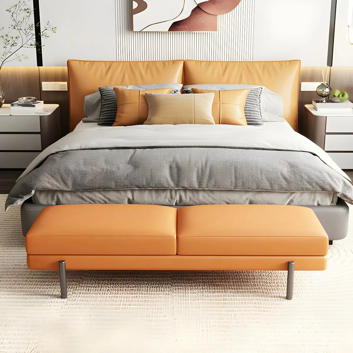 Orange Upholstered Short Bedroom Bench with Legs