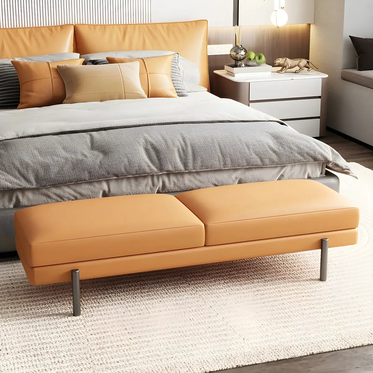 Orange Upholstered Short Bedroom Bench with Legs