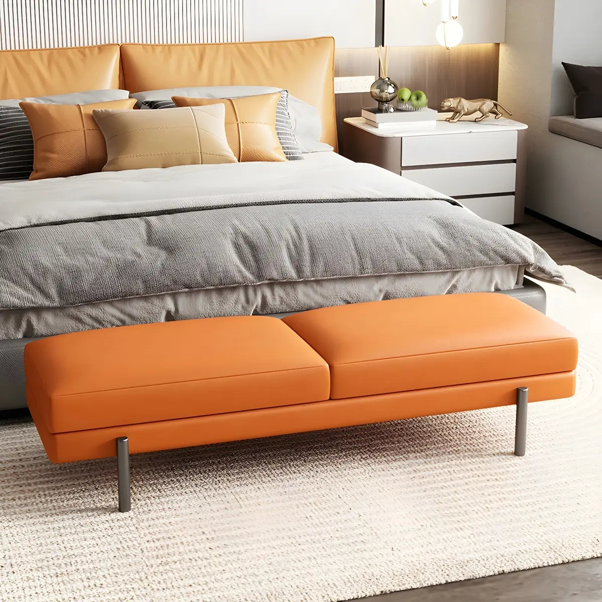 Orange Upholstered Short Bedroom Bench with Legs