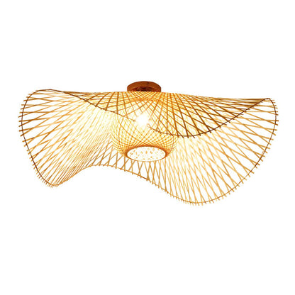 Oriental Brown Wave Weaving Rattan Flush Mount Light