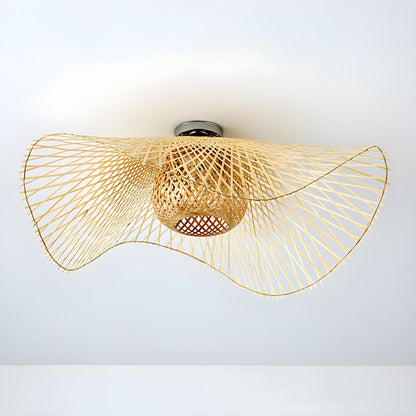 Oriental Brown Wave Weaving Rattan Flush Mount Light