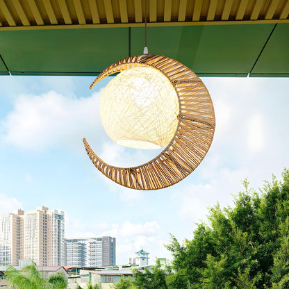 Oriental Flaxen Crescent Moon Rattan Balcony Pendant Light