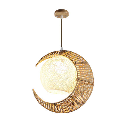 Oriental Flaxen Crescent Moon Rattan Balcony Pendant Light