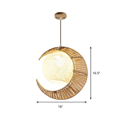 Oriental Flaxen Crescent Moon Rattan Balcony Pendant Light