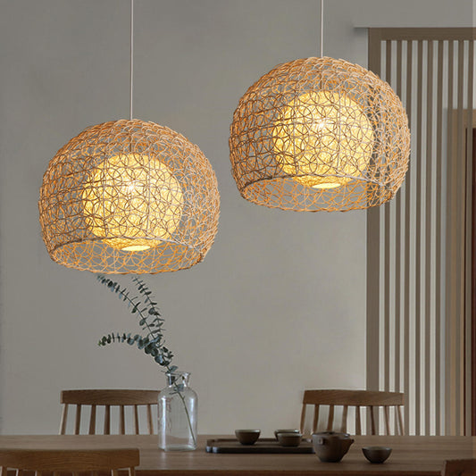 Oriental Rattan Wood Round Drum LED Pendant Light