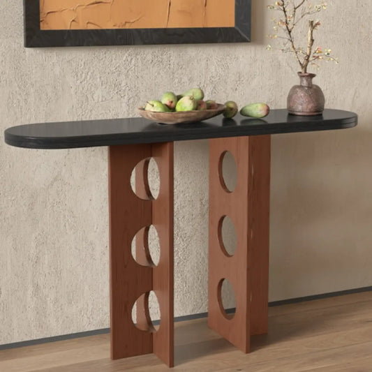 Oval Pine Wood Abstract Base Entryway Console Table