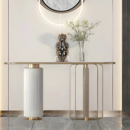 Oval Stone Gold Double Pedestal Tall Console Table