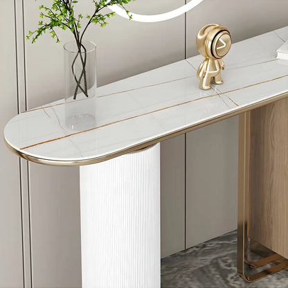 Oval Stone Gold Double Pedestal Tall Console Table