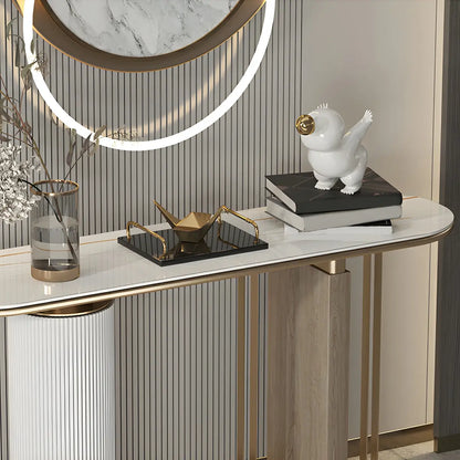 Oval Stone Gold Double Pedestal Tall Console Table