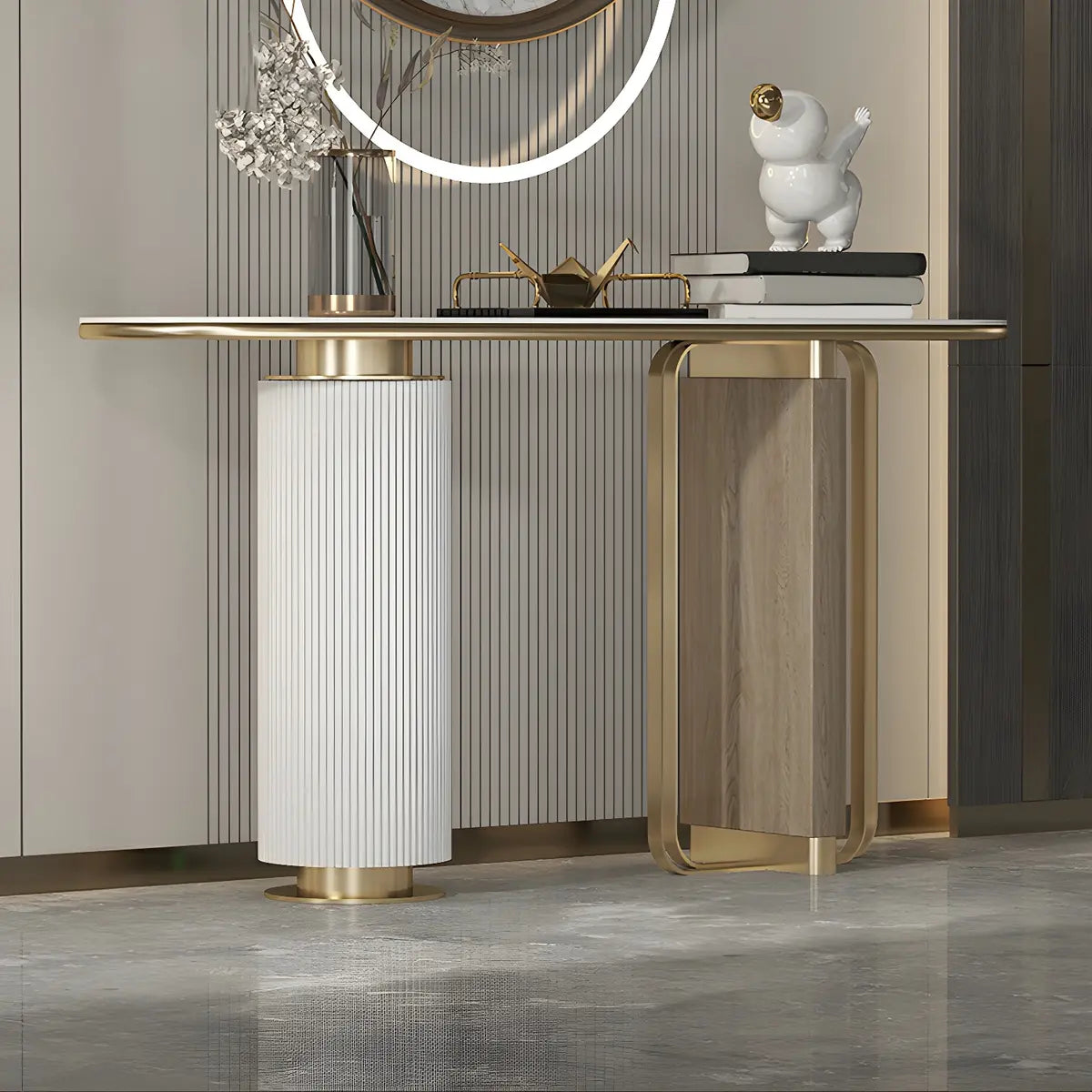 Oval Stone Gold Double Pedestal Tall Console Table