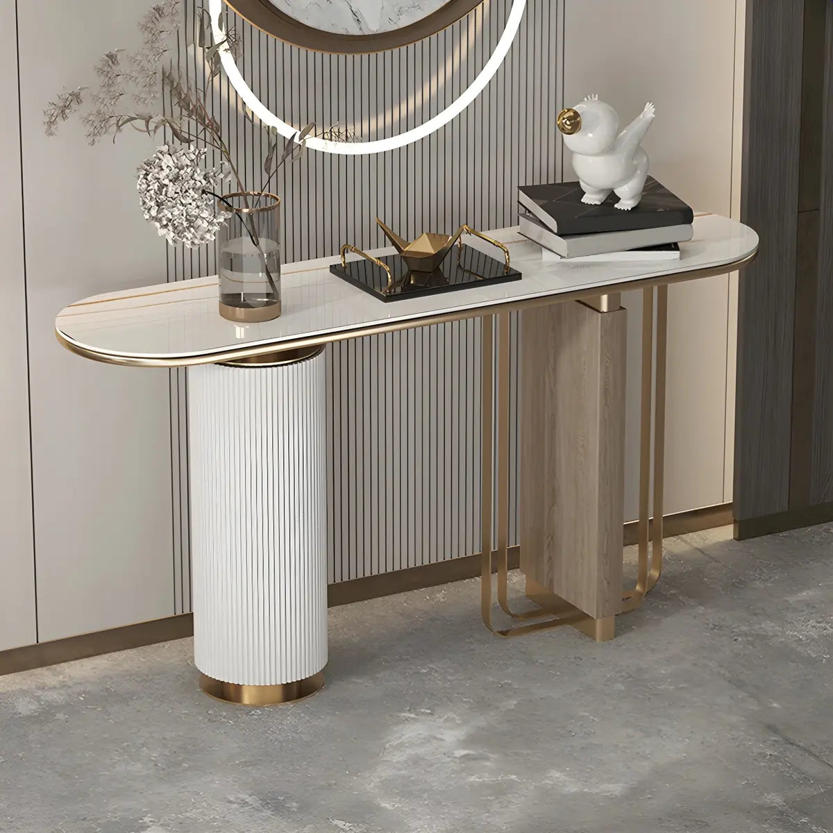 Oval Stone Gold Double Pedestal Tall Console Table