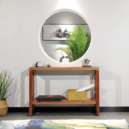 Rectangle Pine Caramel Storage Console Table with Shelves