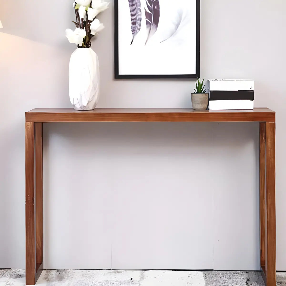 Rectangle Pine Caramel Storage Console Table with Shelves