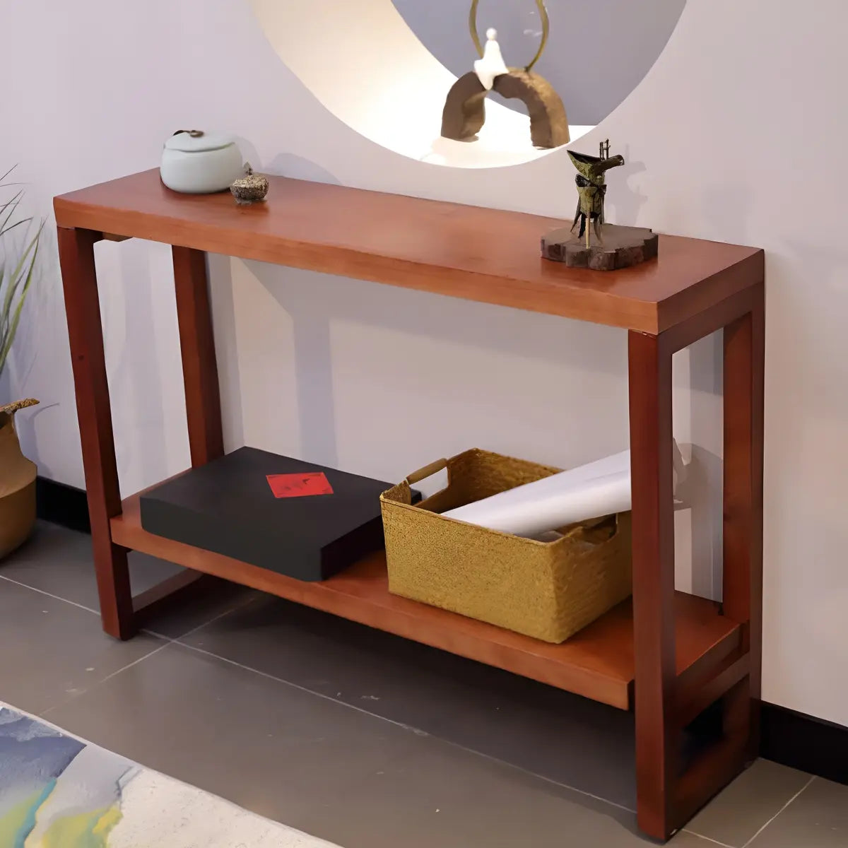 Rectangle Pine Caramel Storage Console Table with Shelves