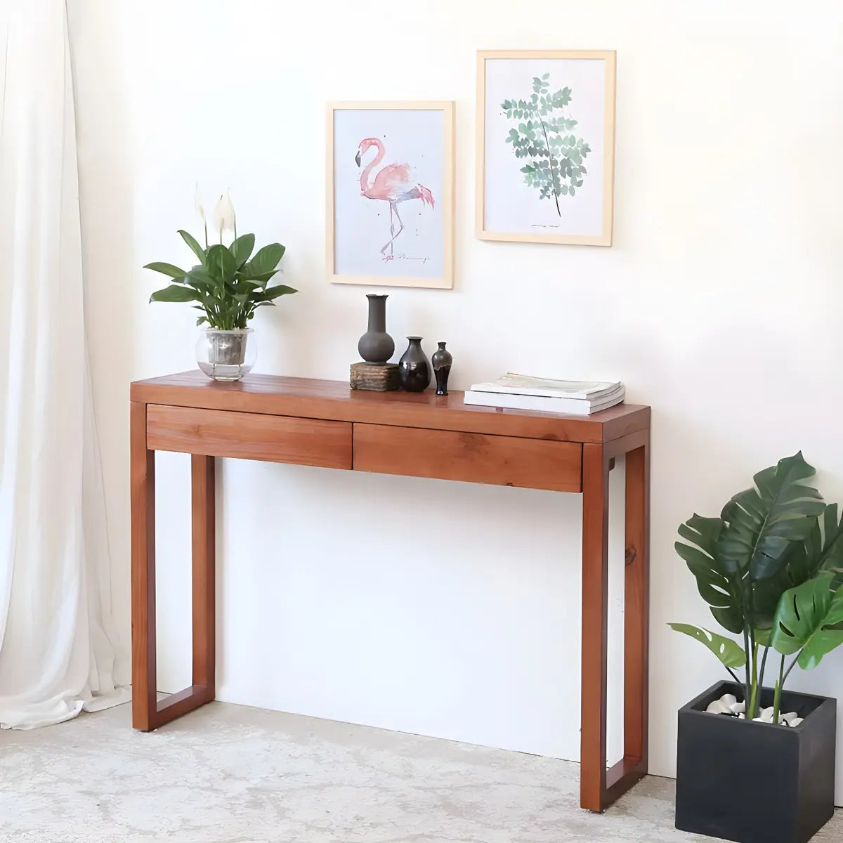 Rectangle Pine Caramel Storage Console Table with Shelves