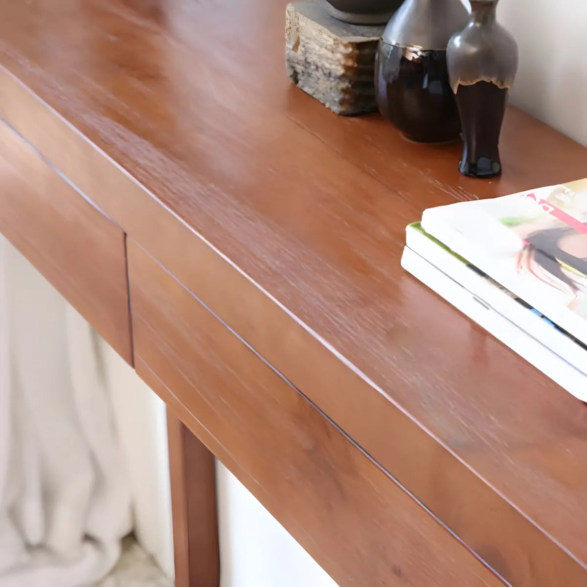 Rectangle Pine Caramel Storage Console Table with Shelves