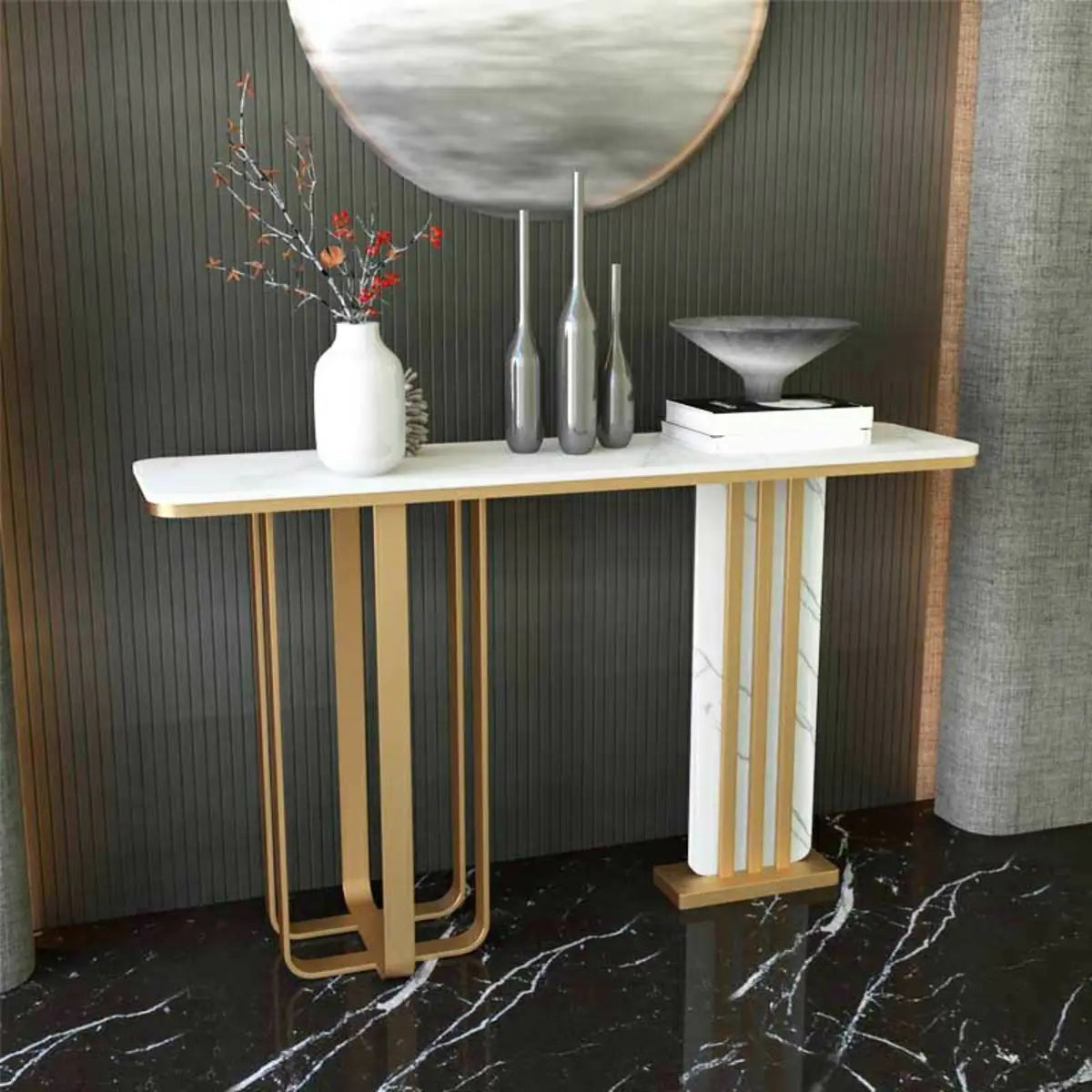 Rectangular Stone Gold Large Decorative Console Table