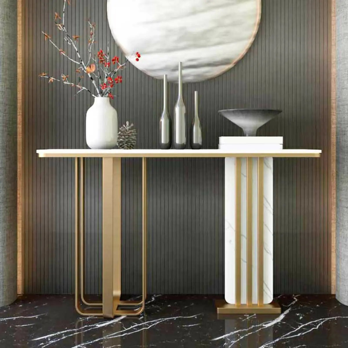 Rectangular Stone Gold Large Decorative Console Table