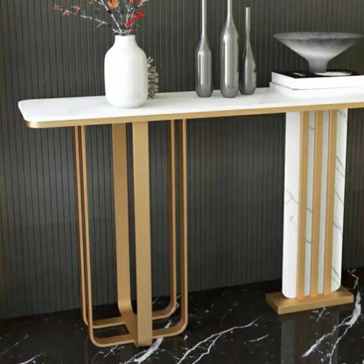 Rectangular Stone Gold Large Decorative Console Table