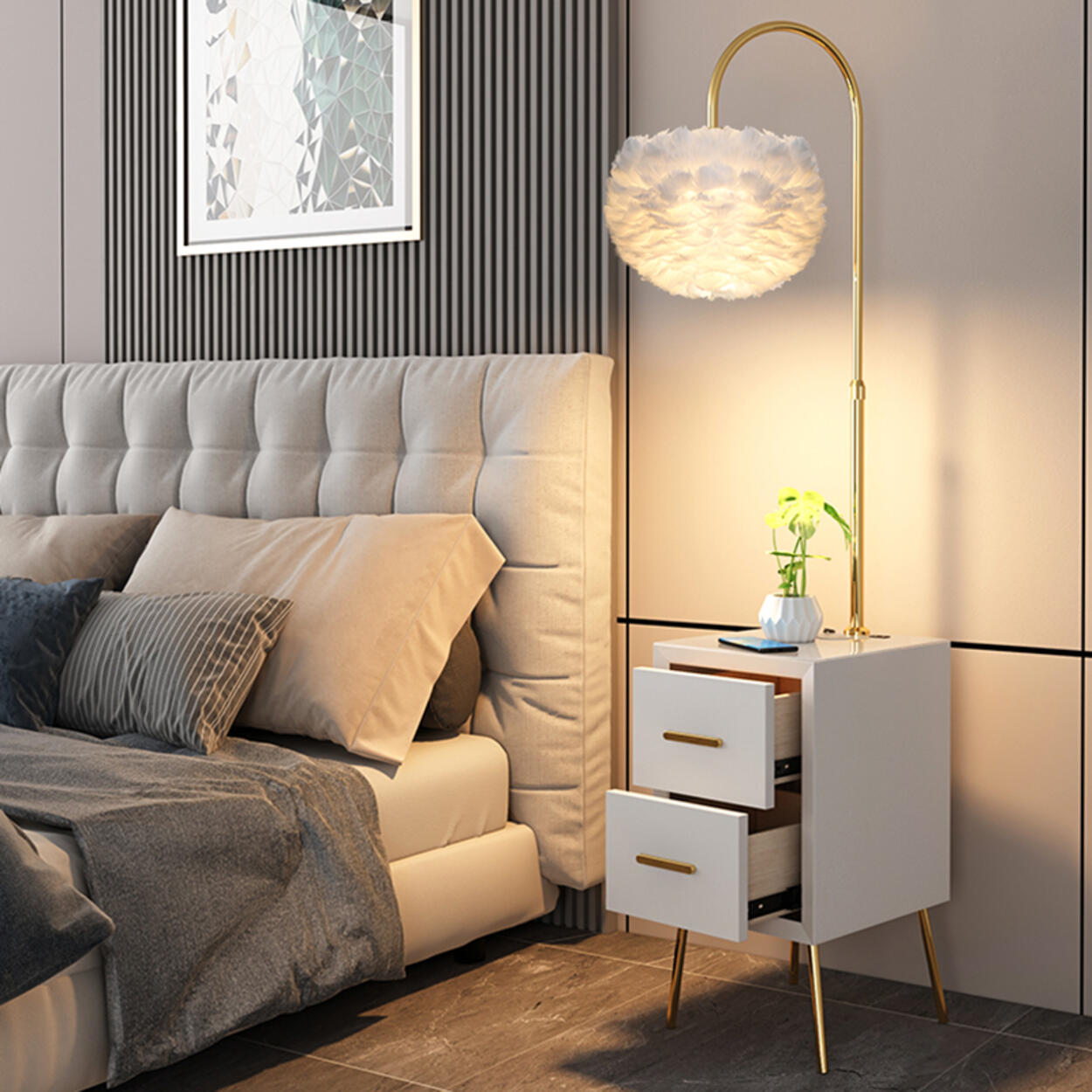 Romantic Feather Shade Bedside Gold Floor Lamp