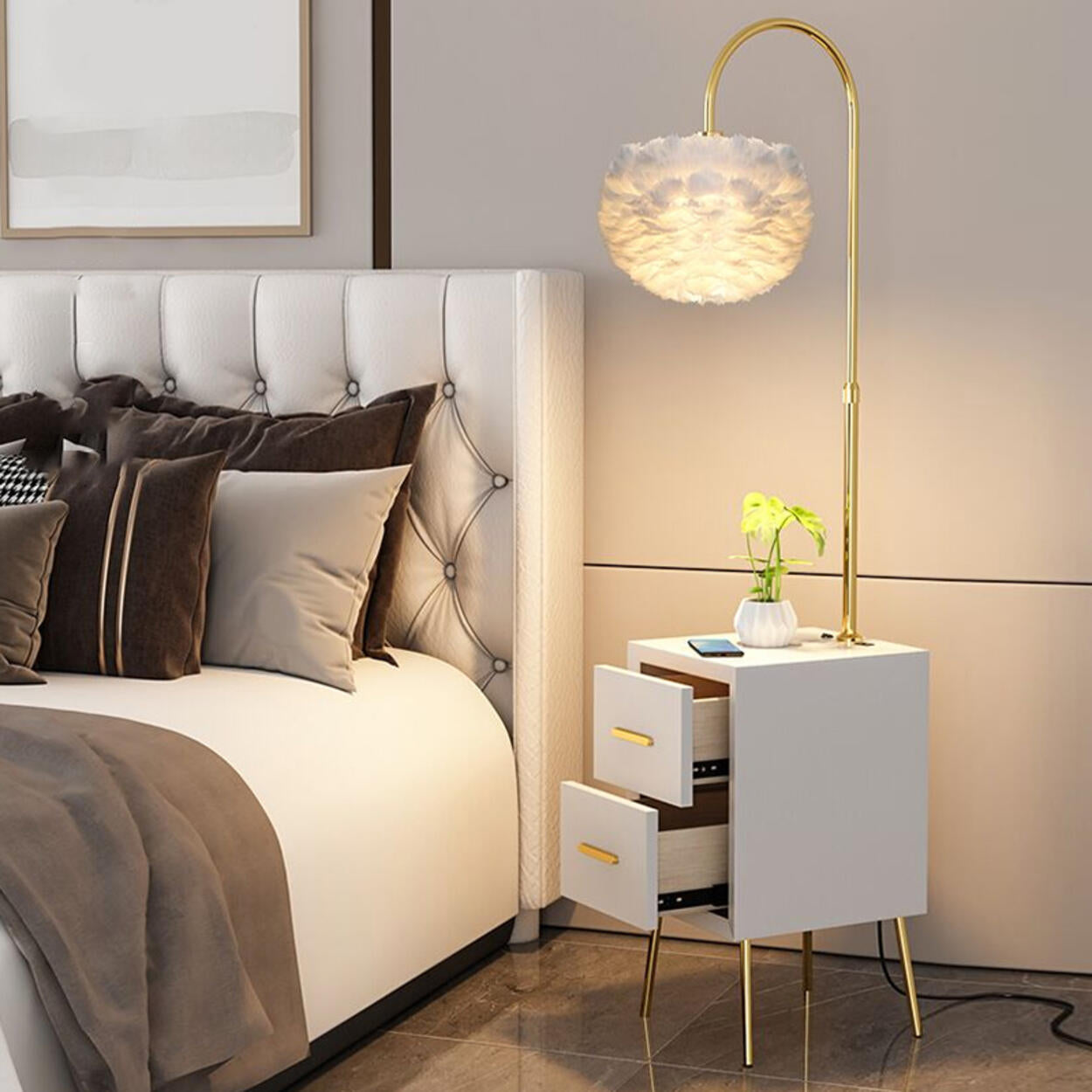 Romantic Feather Shade Bedside Gold Floor Lamp