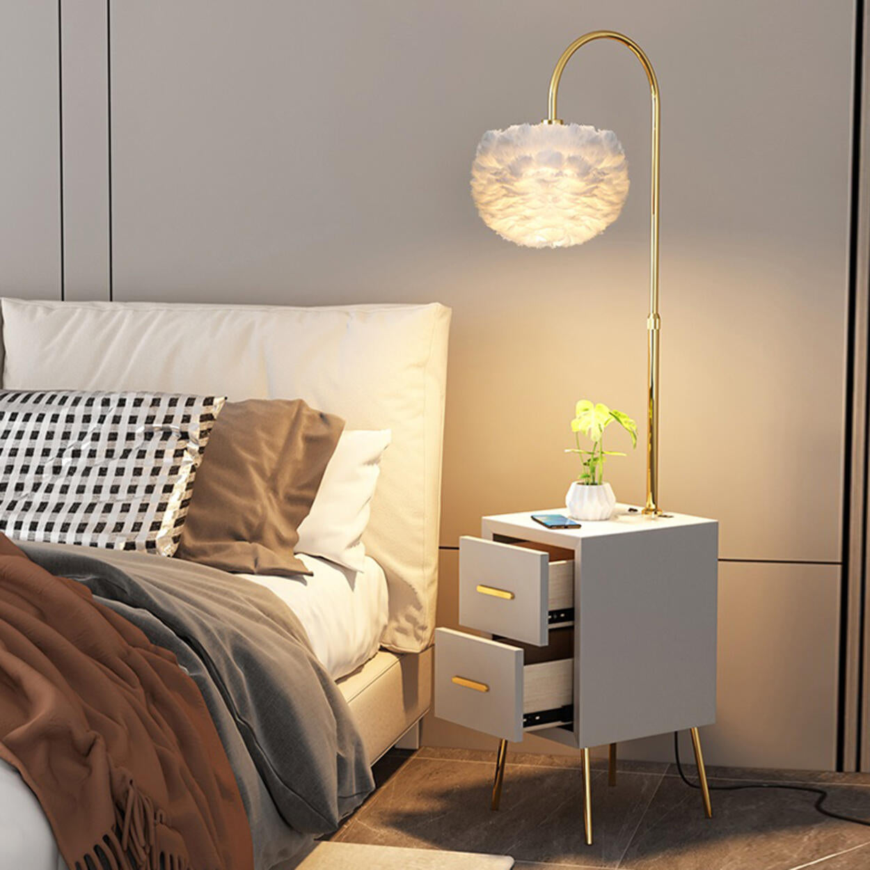 Romantic Feather Shade Bedside Gold Floor Lamp