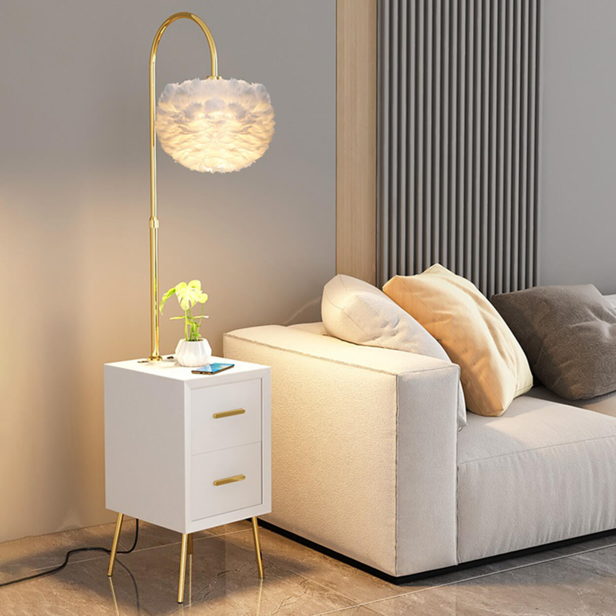 Romantic Feather Shade Bedside Gold Floor Lamp