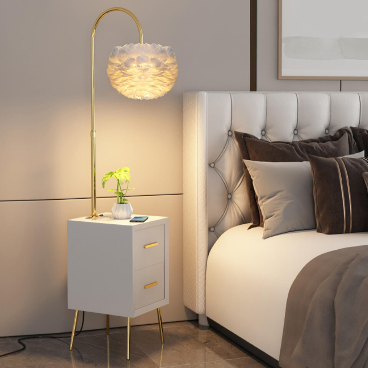 Romantic Feather Shade Bedside Gold Floor Lamp