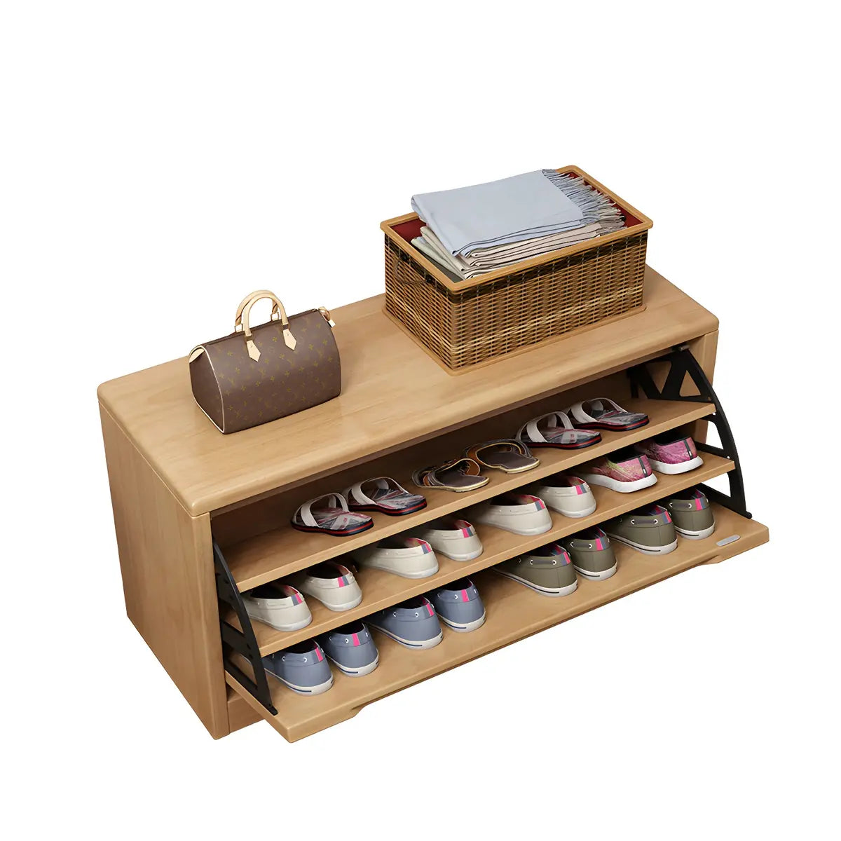 Rubberwood Linen Blend Entryway Bench with Shoe Storage