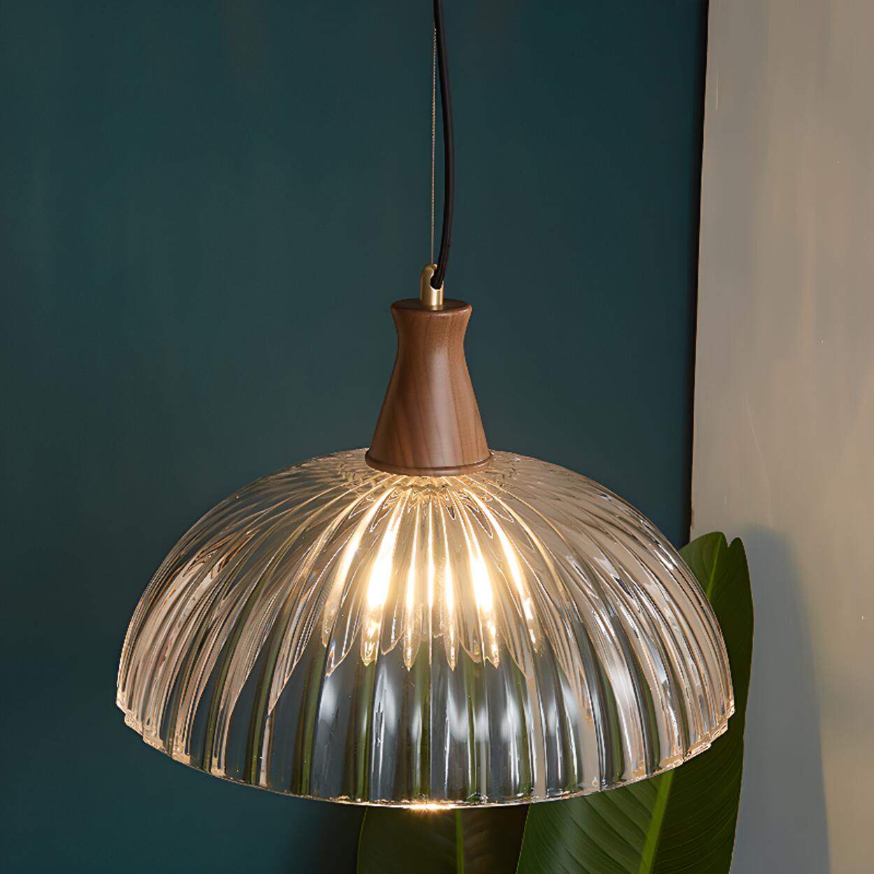 Rustic Floral clear Glass and Wood Pendant Light