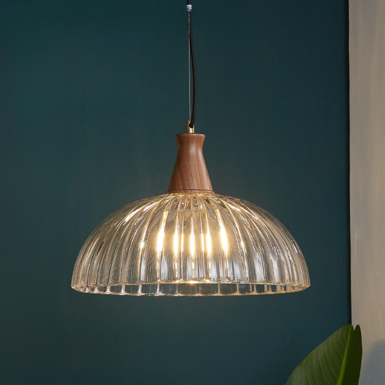 Rustic Floral clear Glass and Wood Pendant Light