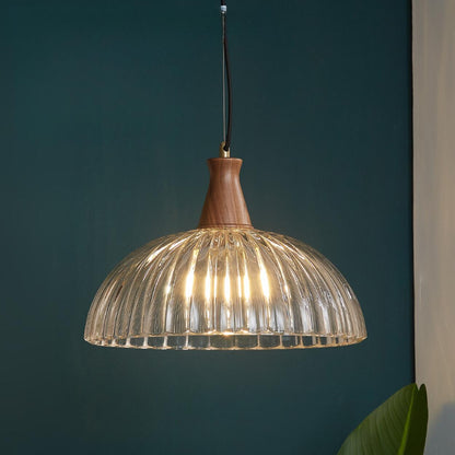 Rustic Floral clear Glass and Wood Pendant Light